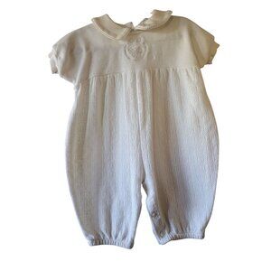 Vtg Baby Dior White Textured 100% Cotton Infant Romper With Embroidered Collar